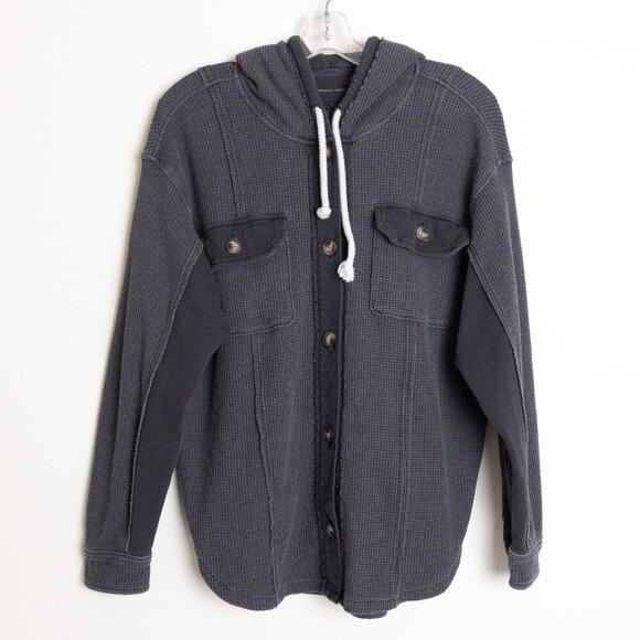 American Eagle Waffle Knit Hooded Jacket Dark Gray Oversized Medium - Picture 2 of 15